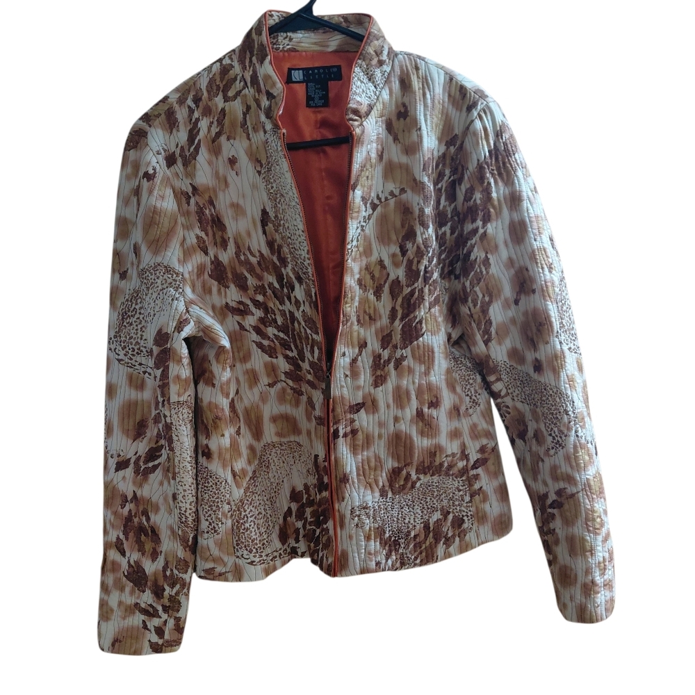 Carole Little Vintage Safari Animal Print Quilted Zipper  Lightwt Jacket Size M